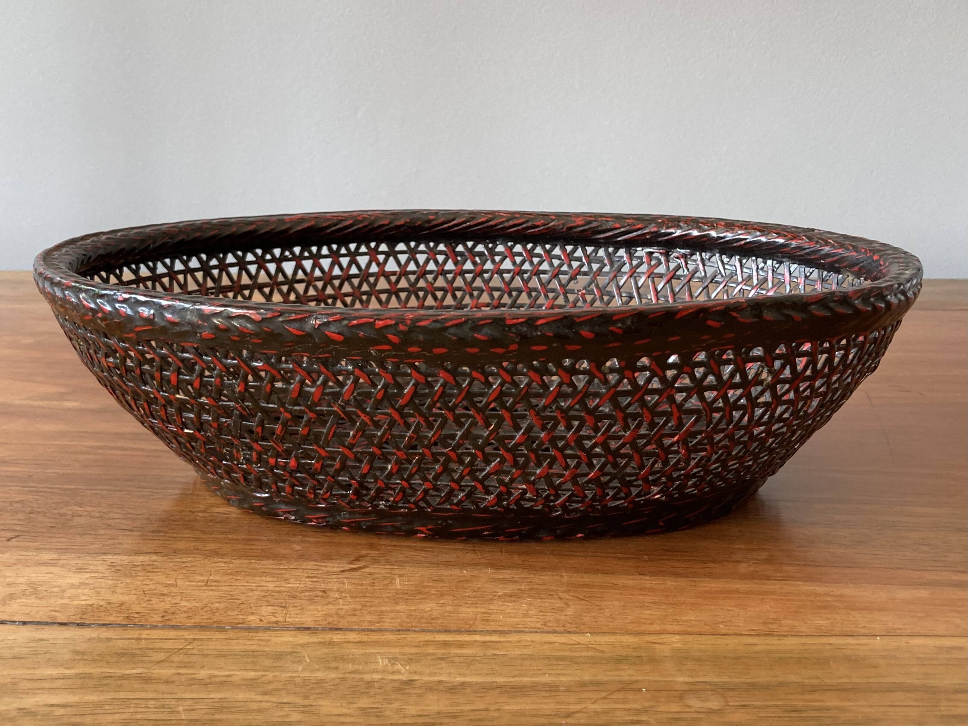 Japanese oval basket in negoro lacquered basketry (red lacquer on black background)