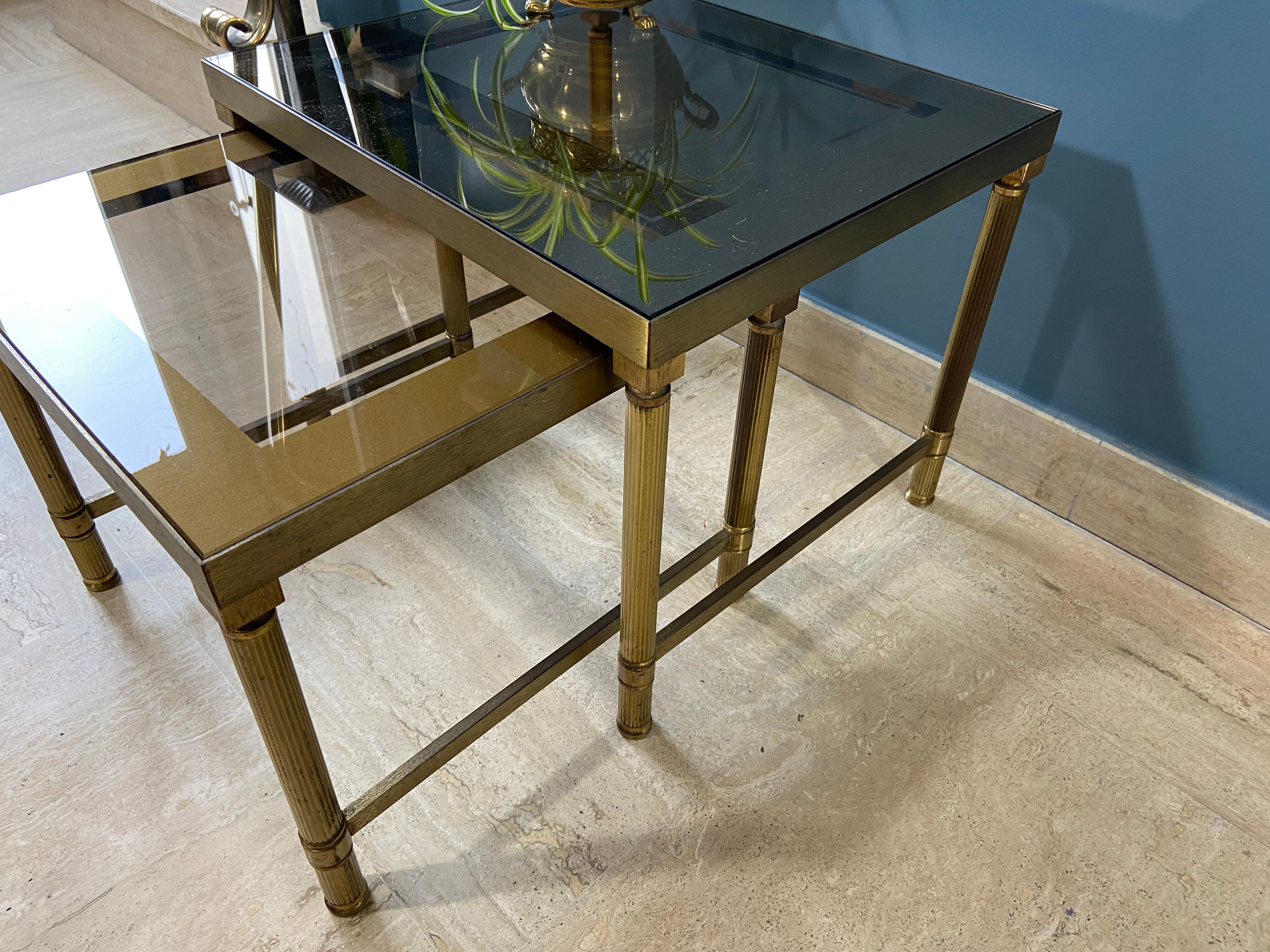 Tables gigognes vintage 1970 métal doré & verre