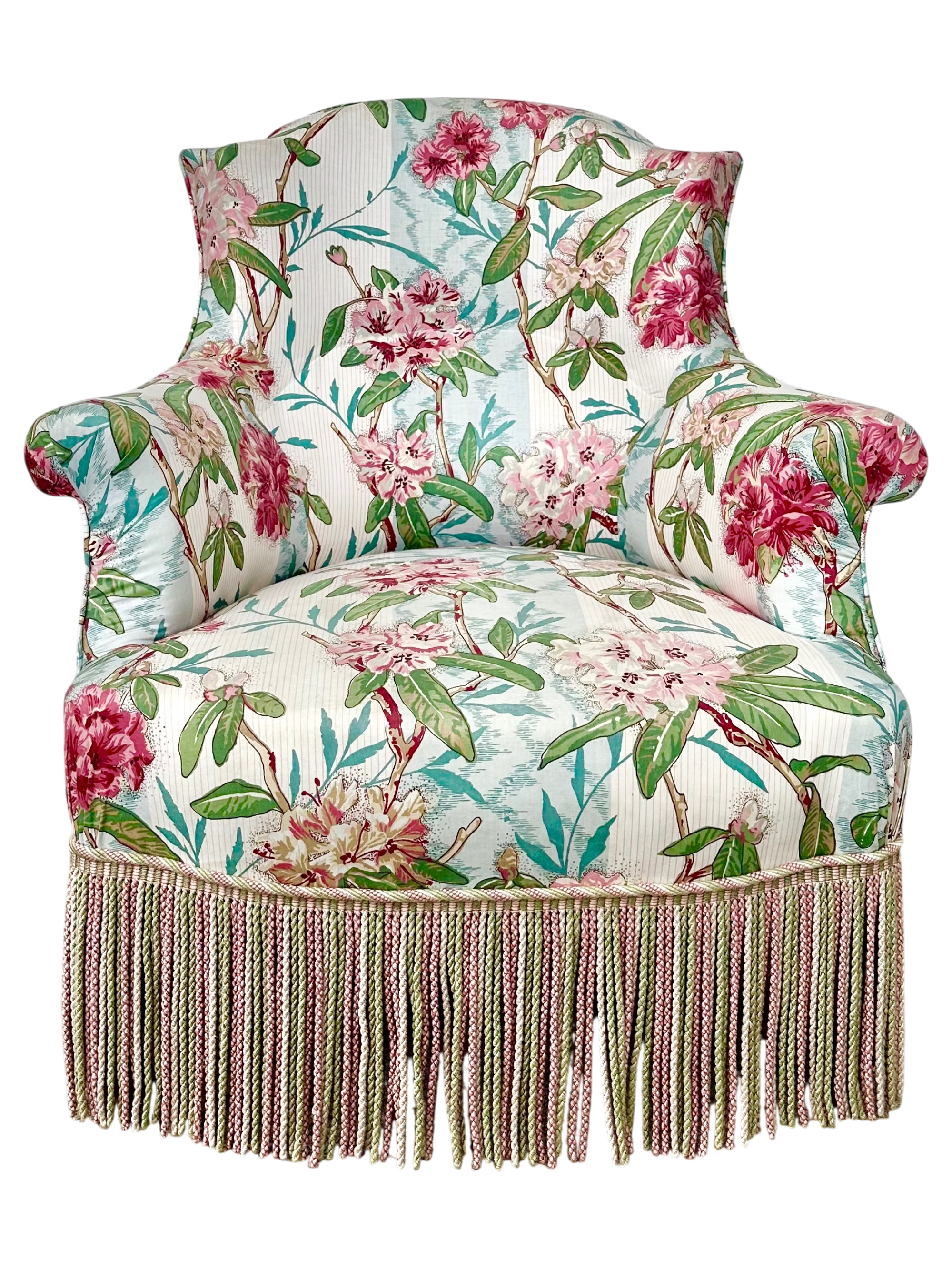 Fauteuil crapaud style Napoléon III, tissu fleuri avec coussin