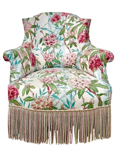 Fauteuil crapaud style Napoléon III, tissu fleuri avec coussin