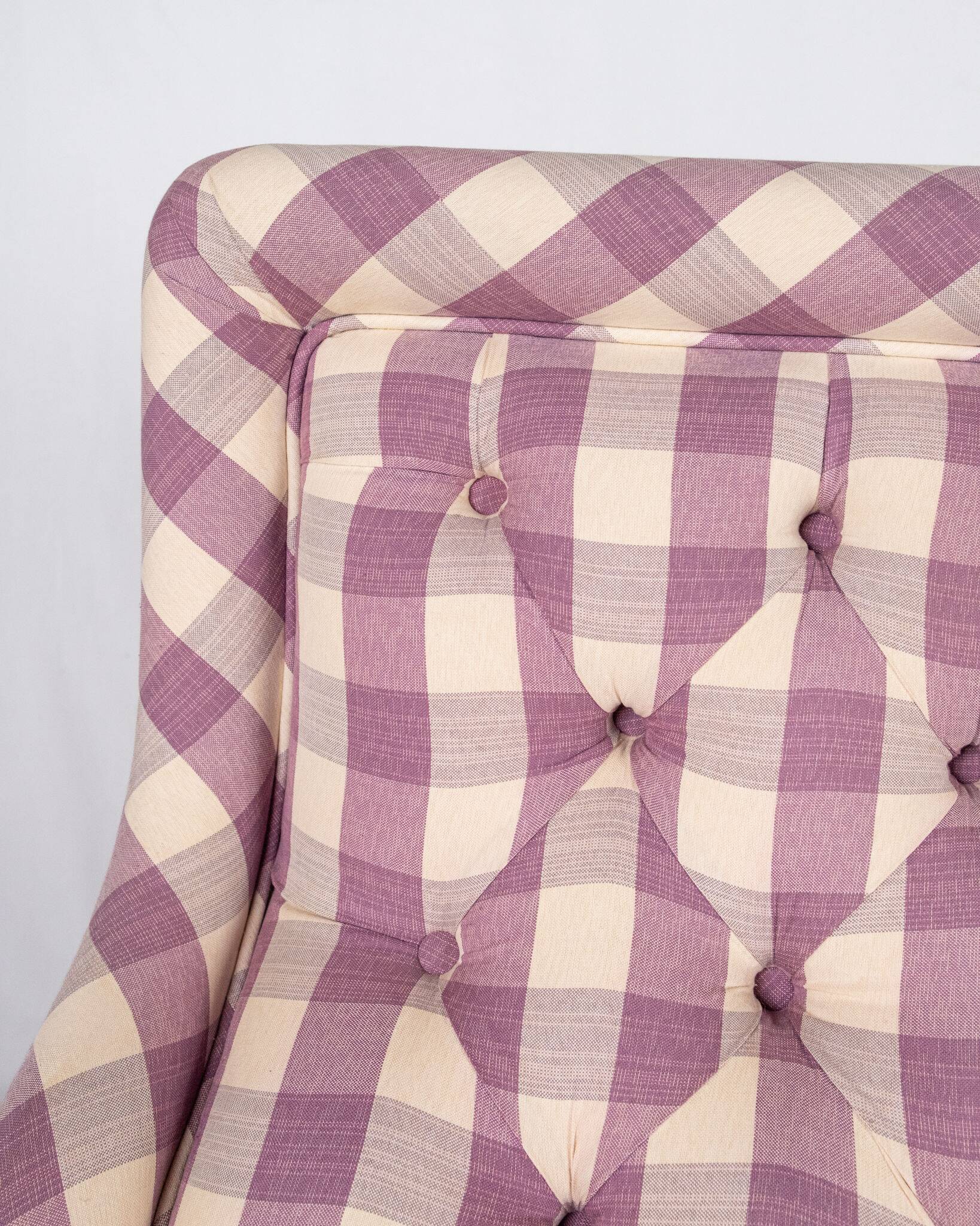 Upholstered bench in mauve and cream Vichy fabric, France, 1970s