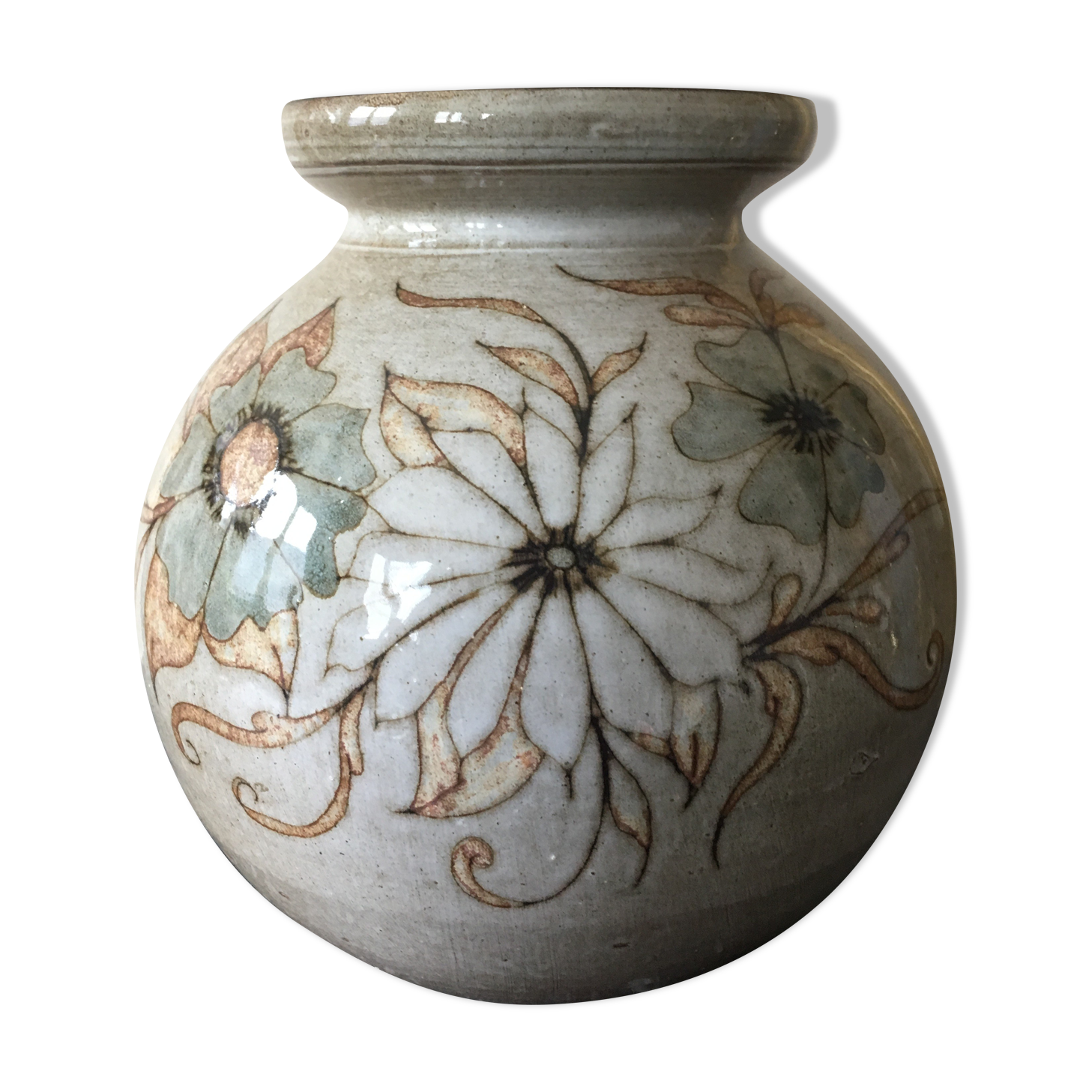 Glazed stoneware ball vase decorated with flowers