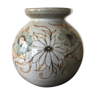 Vase boule en grès vernissé orné de fleurs