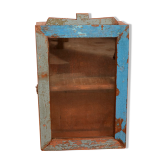 Original polychrome patina Burmese teak wall showcase / 2 rear hangers for wall mounting