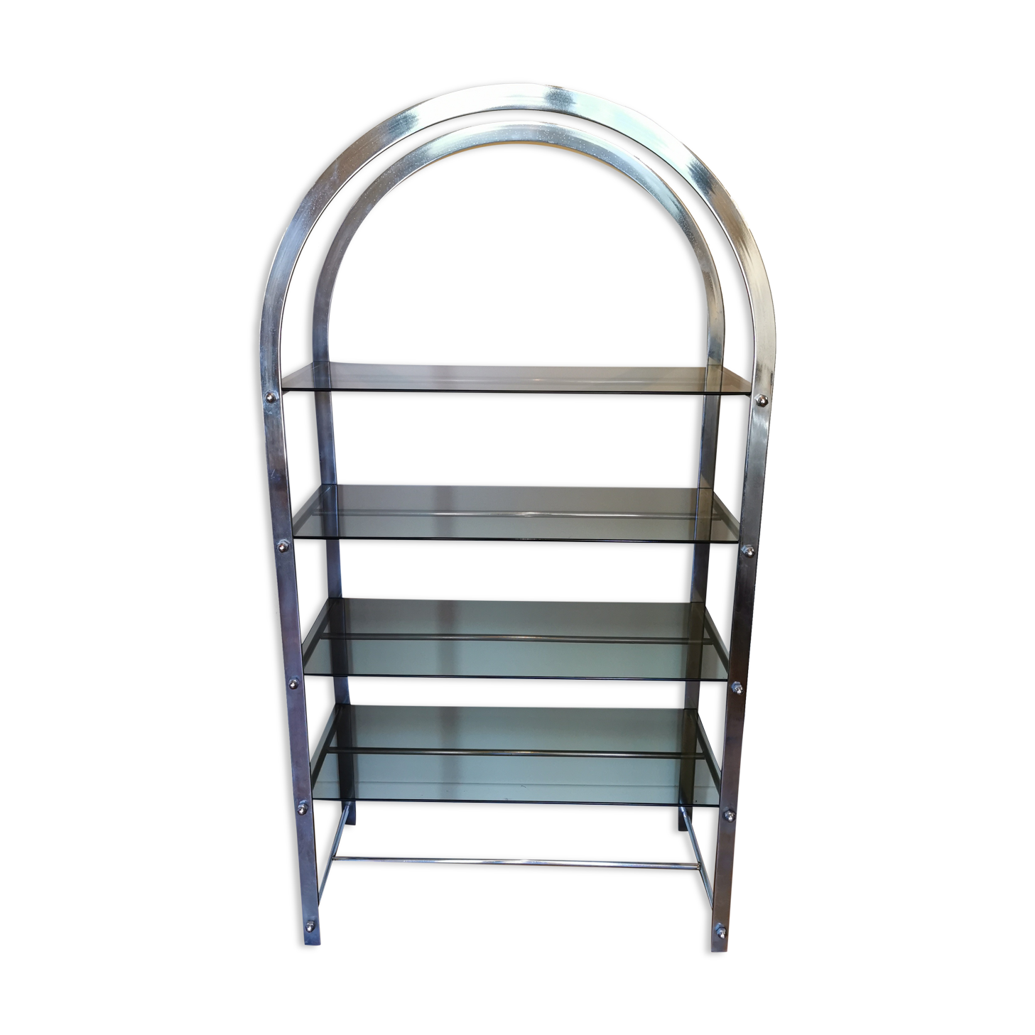 Rounded shelf from the 70s in chrome metal and glass