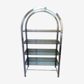 Rounded shelf from the 70s in chrome metal and glass