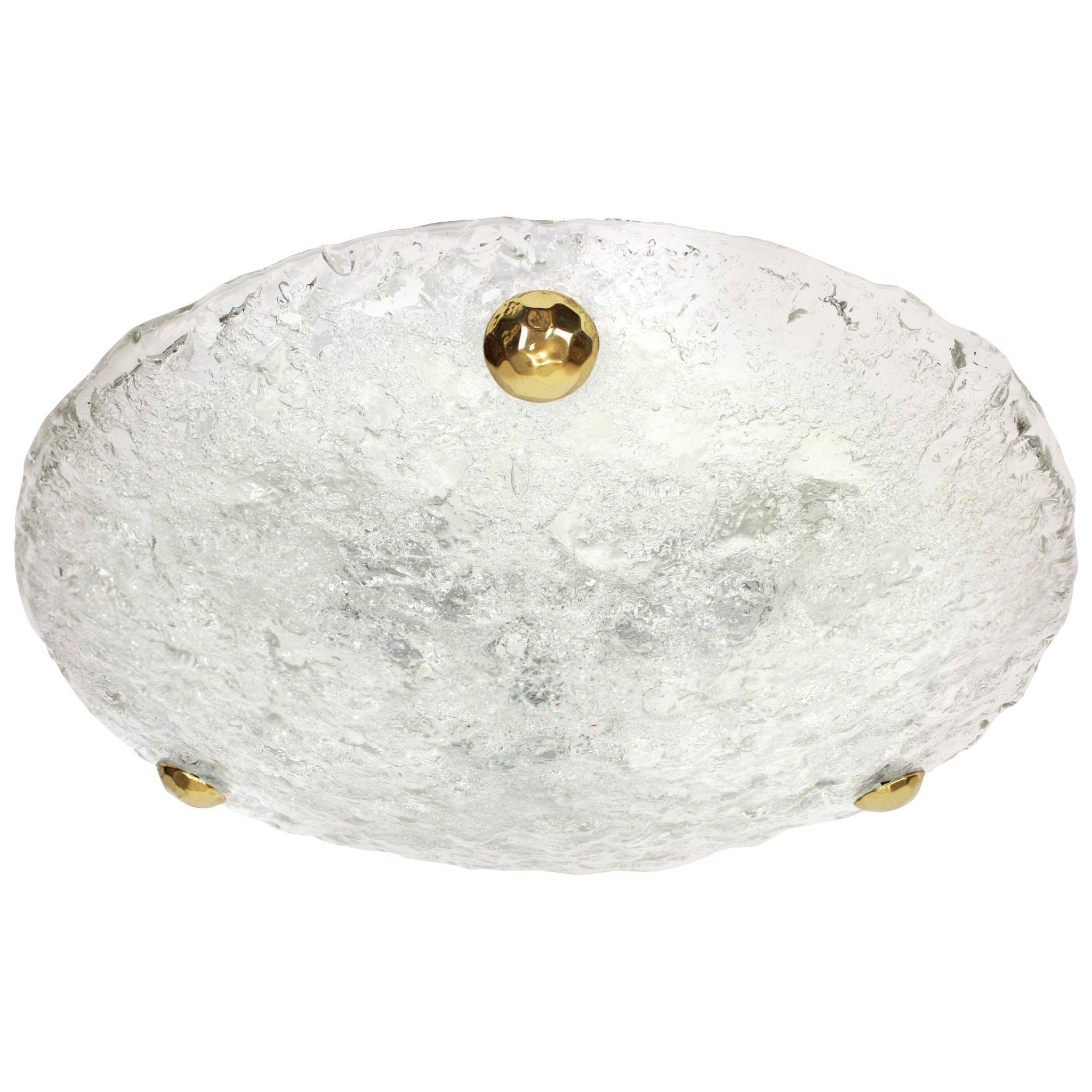 1 of 4 large round glass ice Murano ceiling lights by Hillebrand, Germany, 1970s.