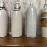 Set of 4 Old Grey Stoneware Bottles + Vintage Porcelain Stopper