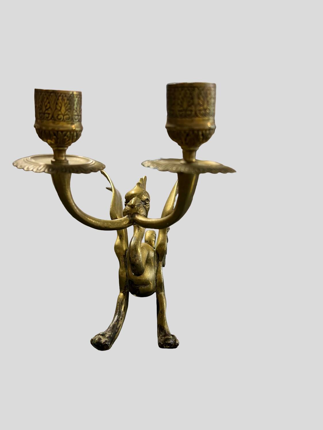Vintage brass winged dragon double candlestick (Hollywood  Regency)