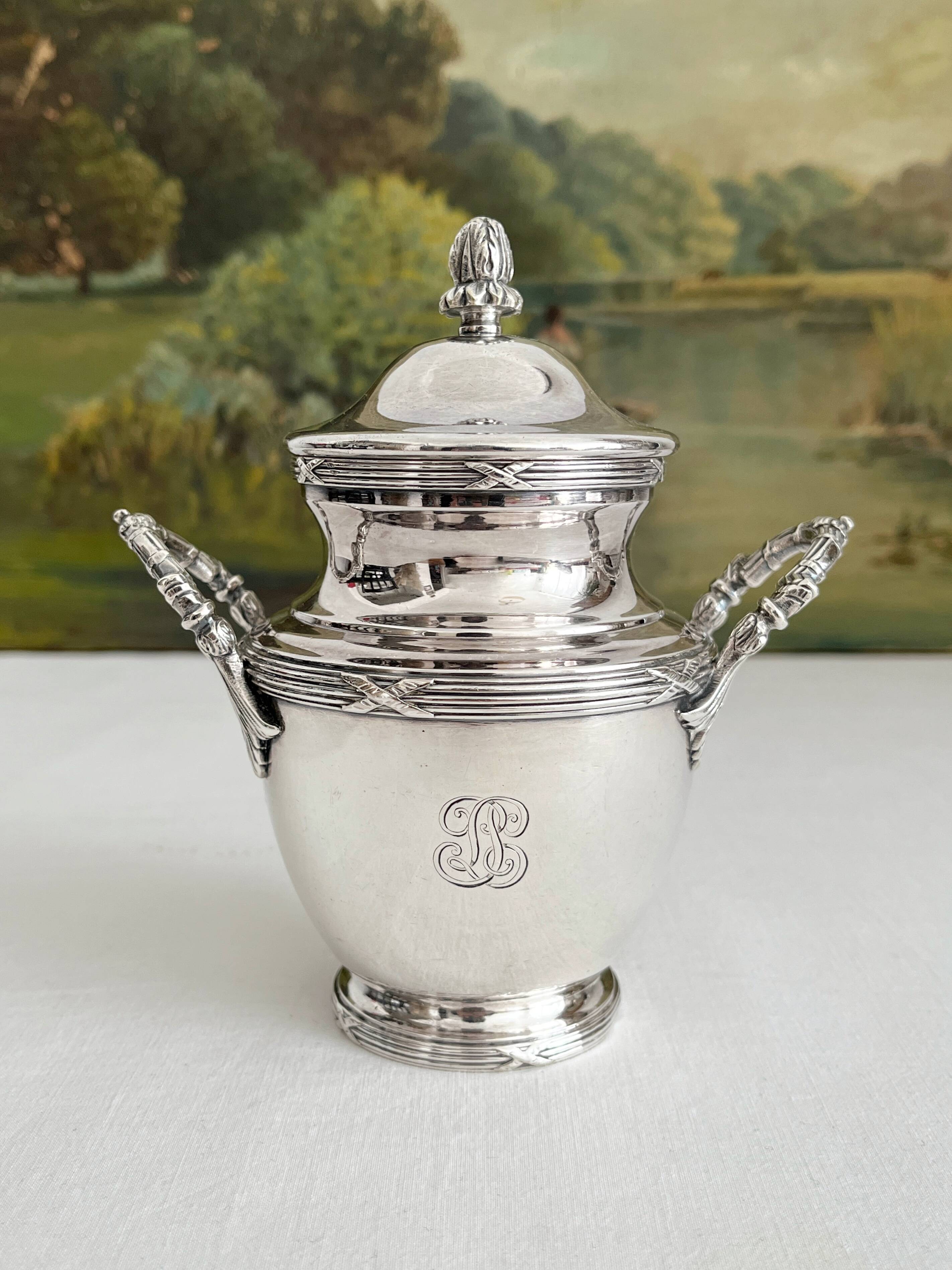 Antique monogrammed silver-plated metal sugar bowl