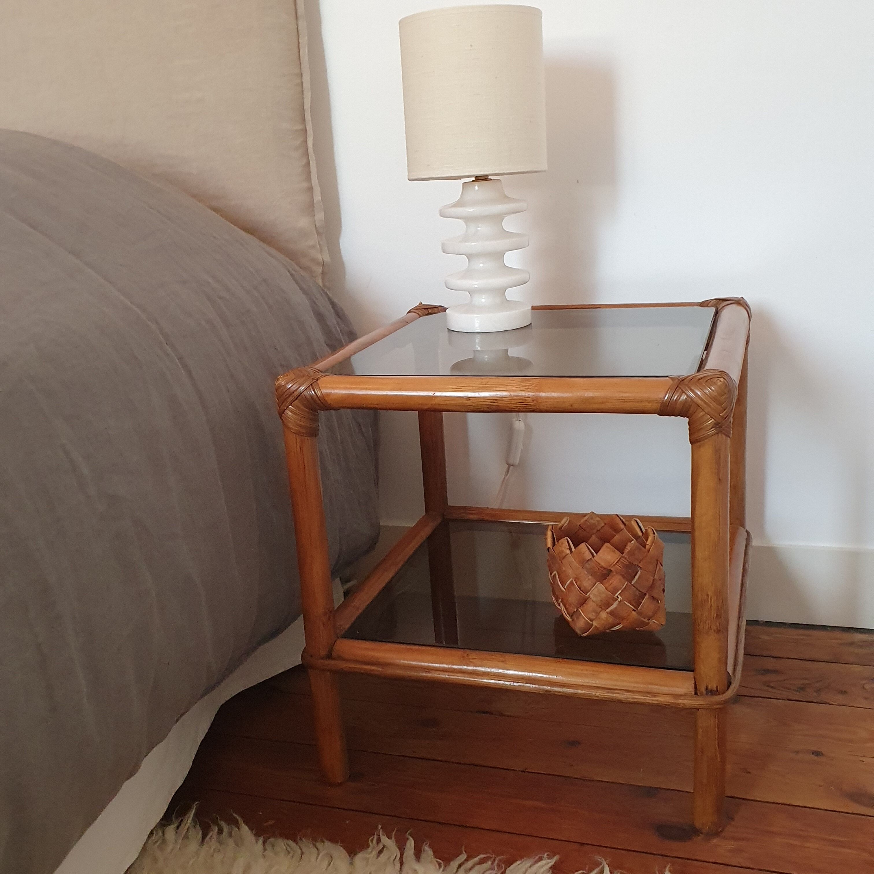 Pair of rattan bedside tables and smoked glass 1970
