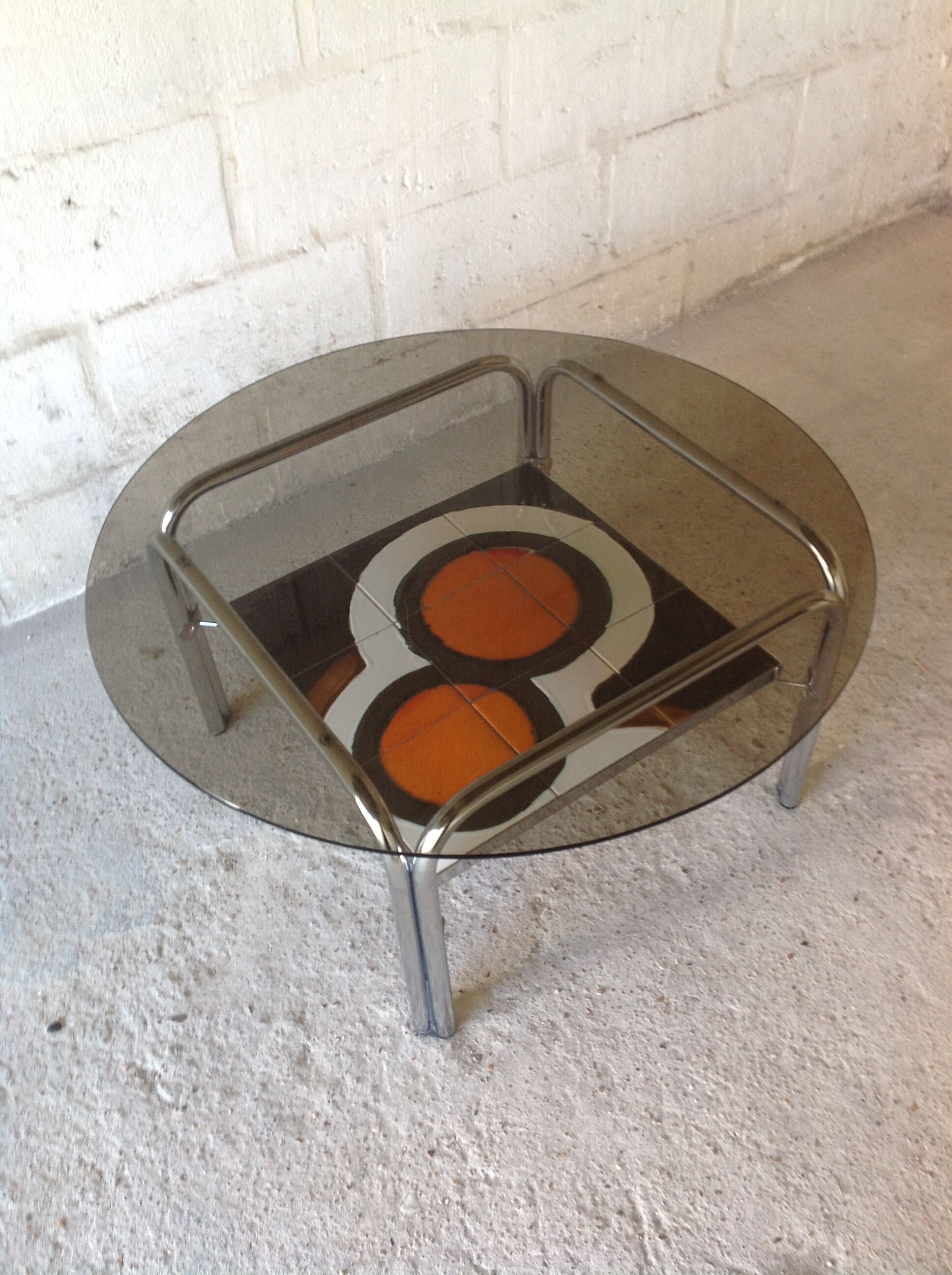 Table basse vintage verre fumé, céramique années 70