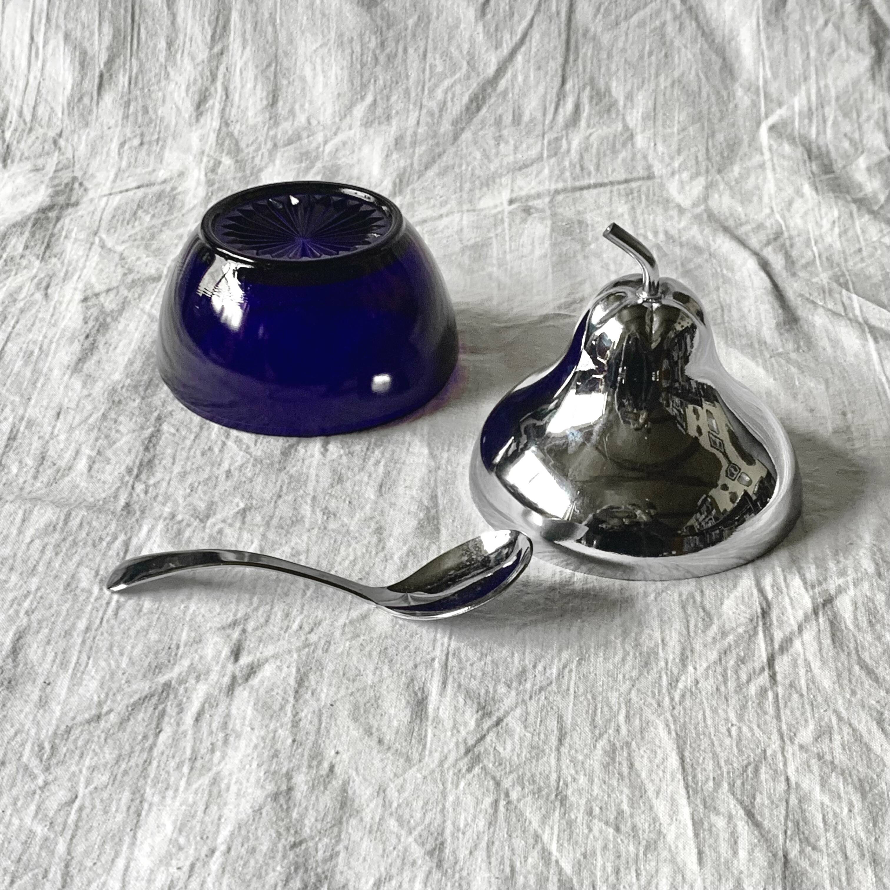 Vintage pear jam and sugar bowl in chromed metal and cobalt blue glass