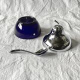 Vintage pear jam and sugar bowl in chromed metal and cobalt blue glass