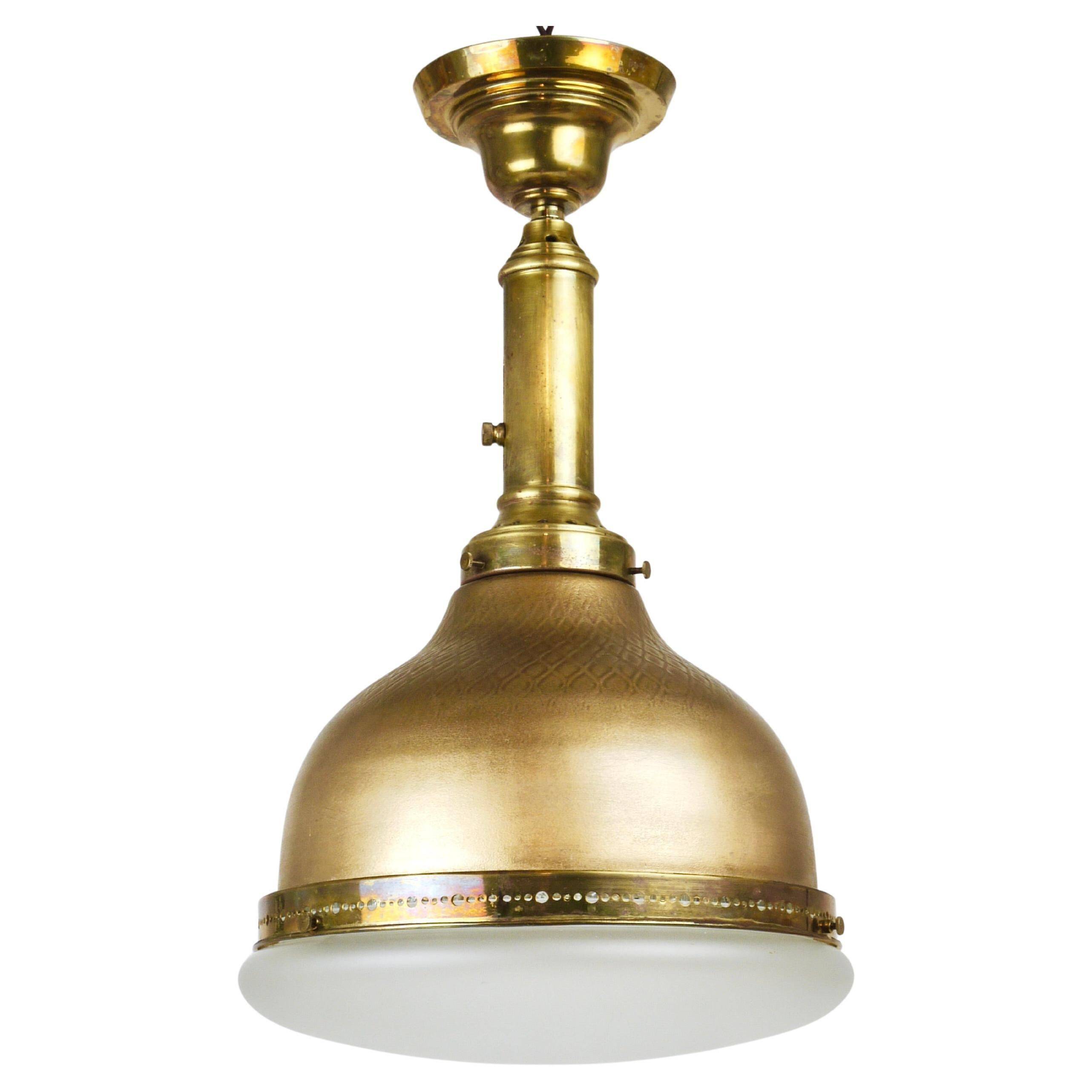 Art Nouveau pendant lamp in brass and glass from the 1920s, ceiling light, Jena, Germany.