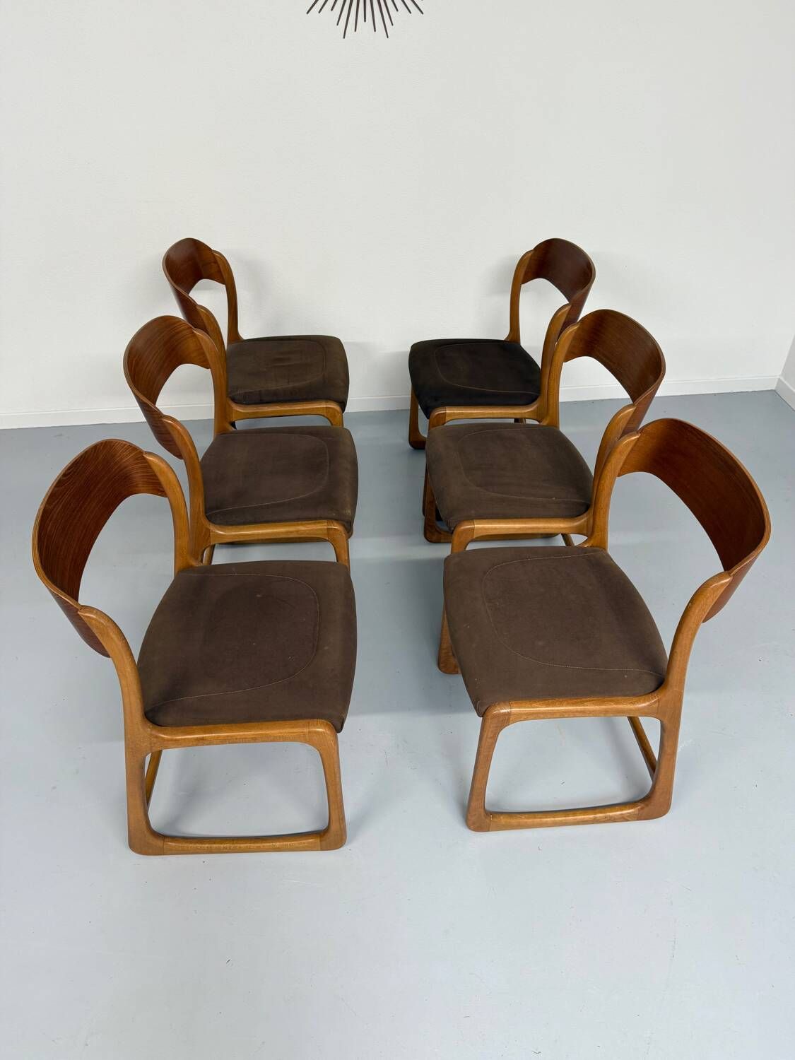 Set of 6 Baumann sleigh chairs in wood and brown fabric, original 1960s