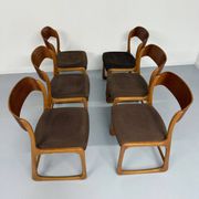 Set of 6 Baumann sleigh chairs in wood and brown fabric, original 1960s