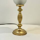 Vintage French Empire table lamp in gilded brass, opaline, pleated tulip, Belle Époque
