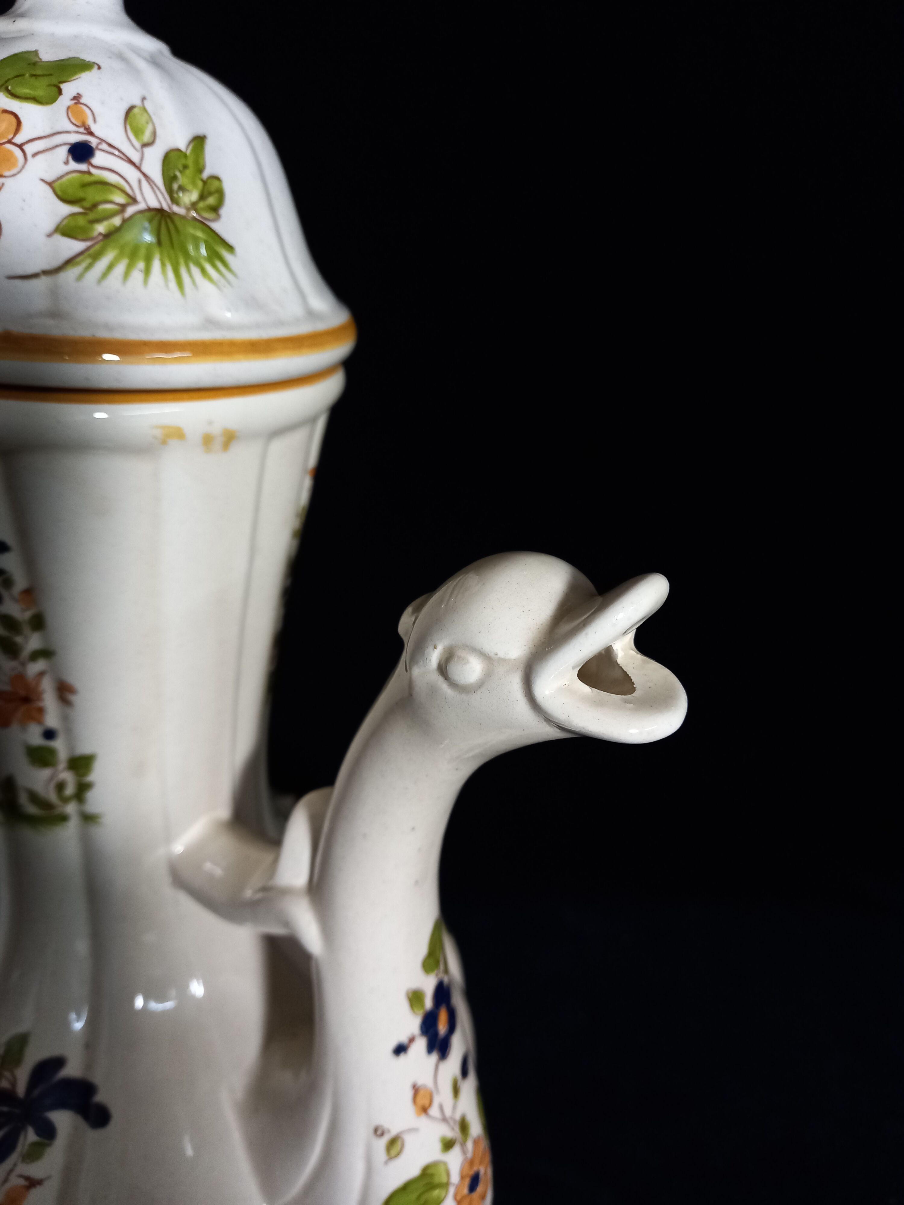 Faience ewer with dragon's head spout - decor 'vieux moustier'