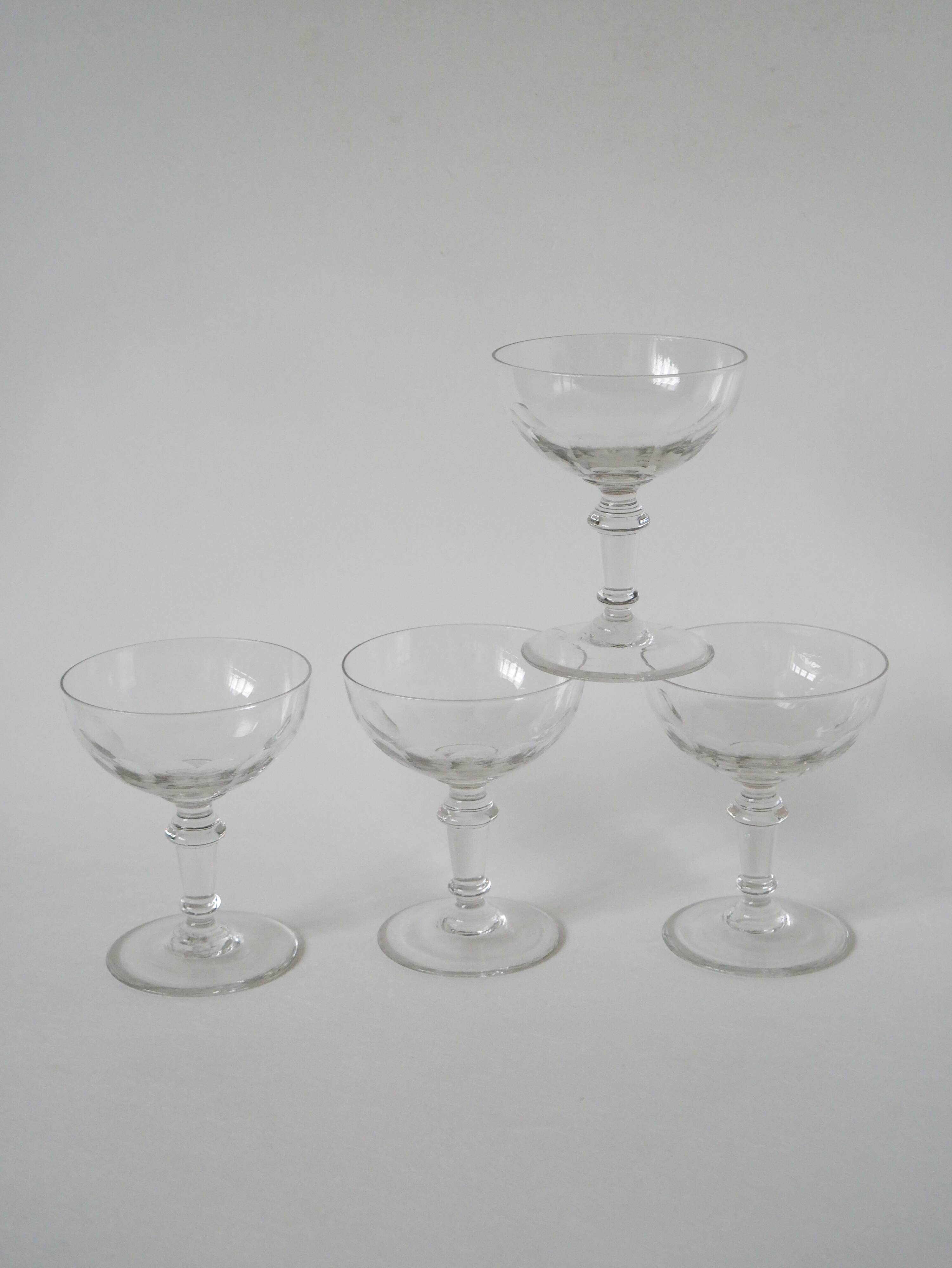 Set of 4 faceted crystal champagne glasses, 1930