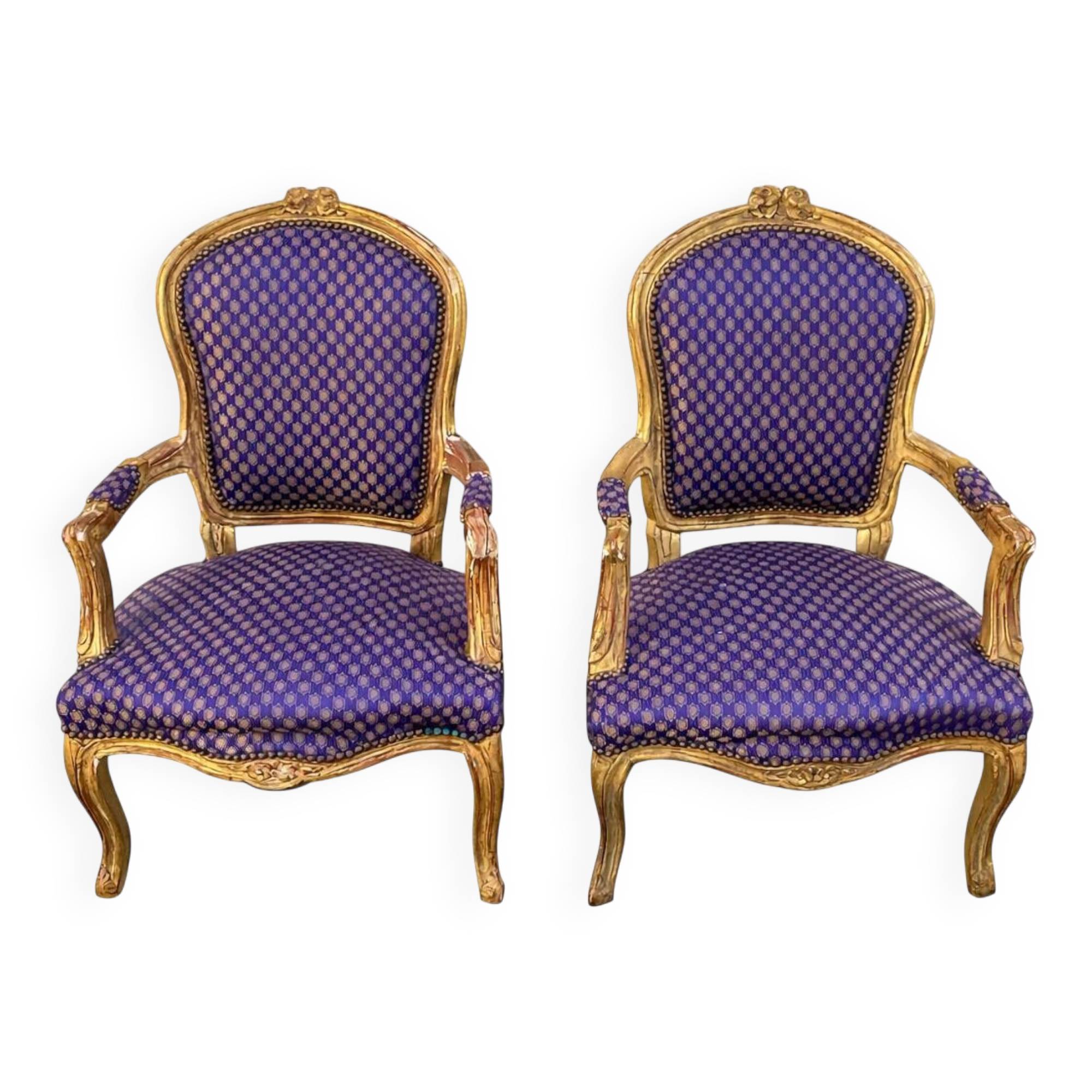 Pair of baroque armchairs in Louis XV style with blue satin fabric.