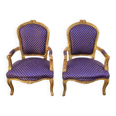 Paire de fauteuil chaise baroque style Louis XV tissu satiné bleu