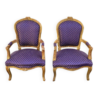 Pair of baroque armchairs in Louis XV style with blue satin fabric.