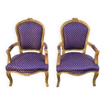 Pair of baroque armchairs in Louis XV style with blue satin fabric.