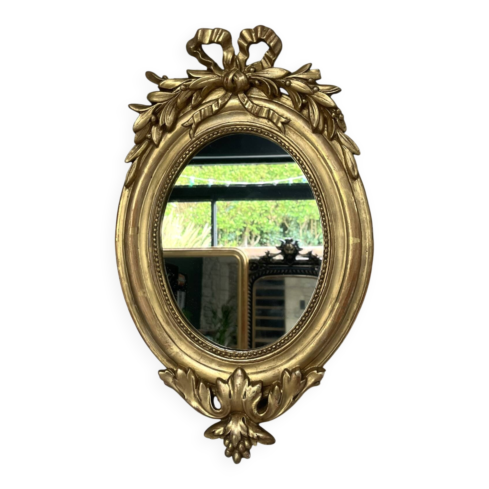 Miroir ovale à frontons Louis XVI et perlé 49,5/31cm feuille d’or 