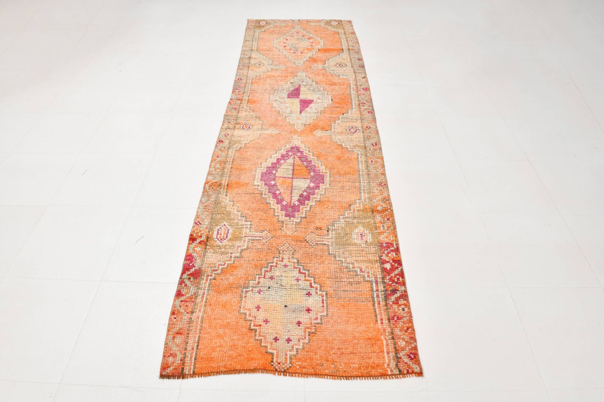 Pumpkin Orange & Pink Vintage Runner Rug, Anatolian Turkish Flatweave