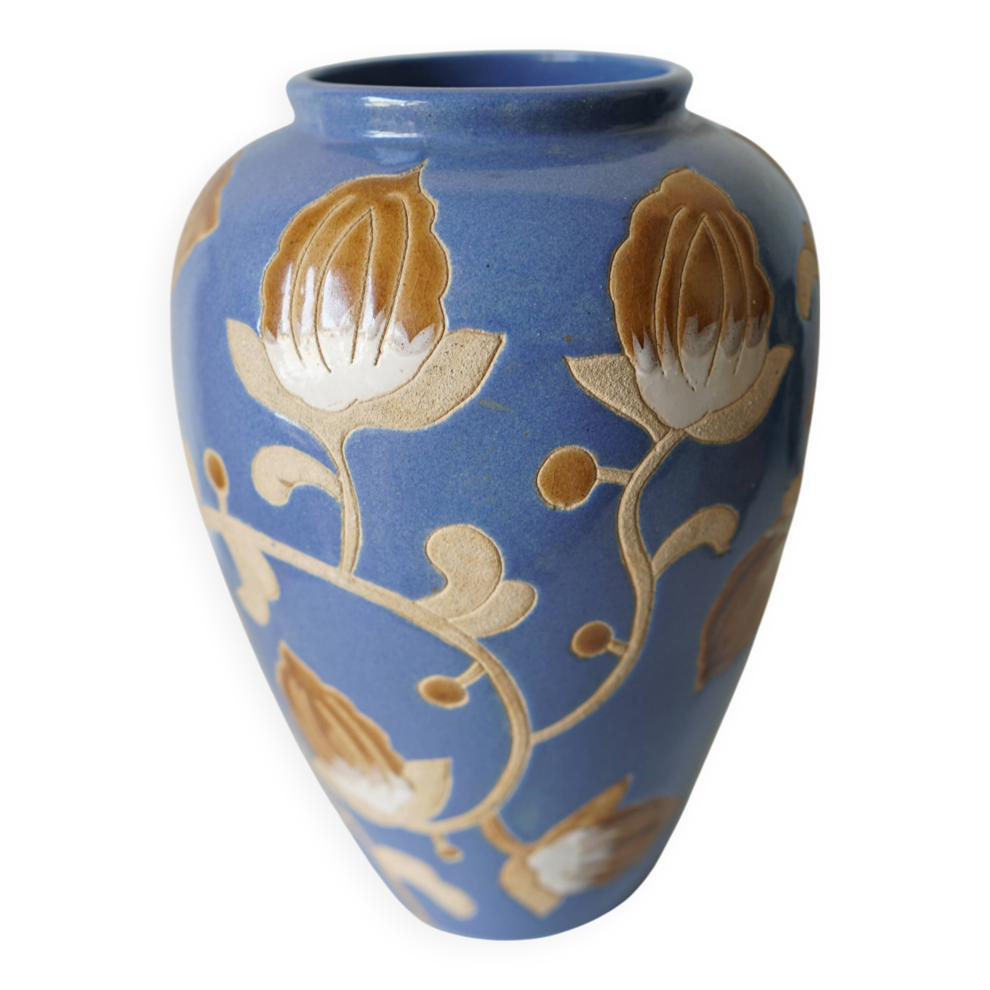 Glazed stoneware vase – floral decoration in relief – Keramis style – 1970s