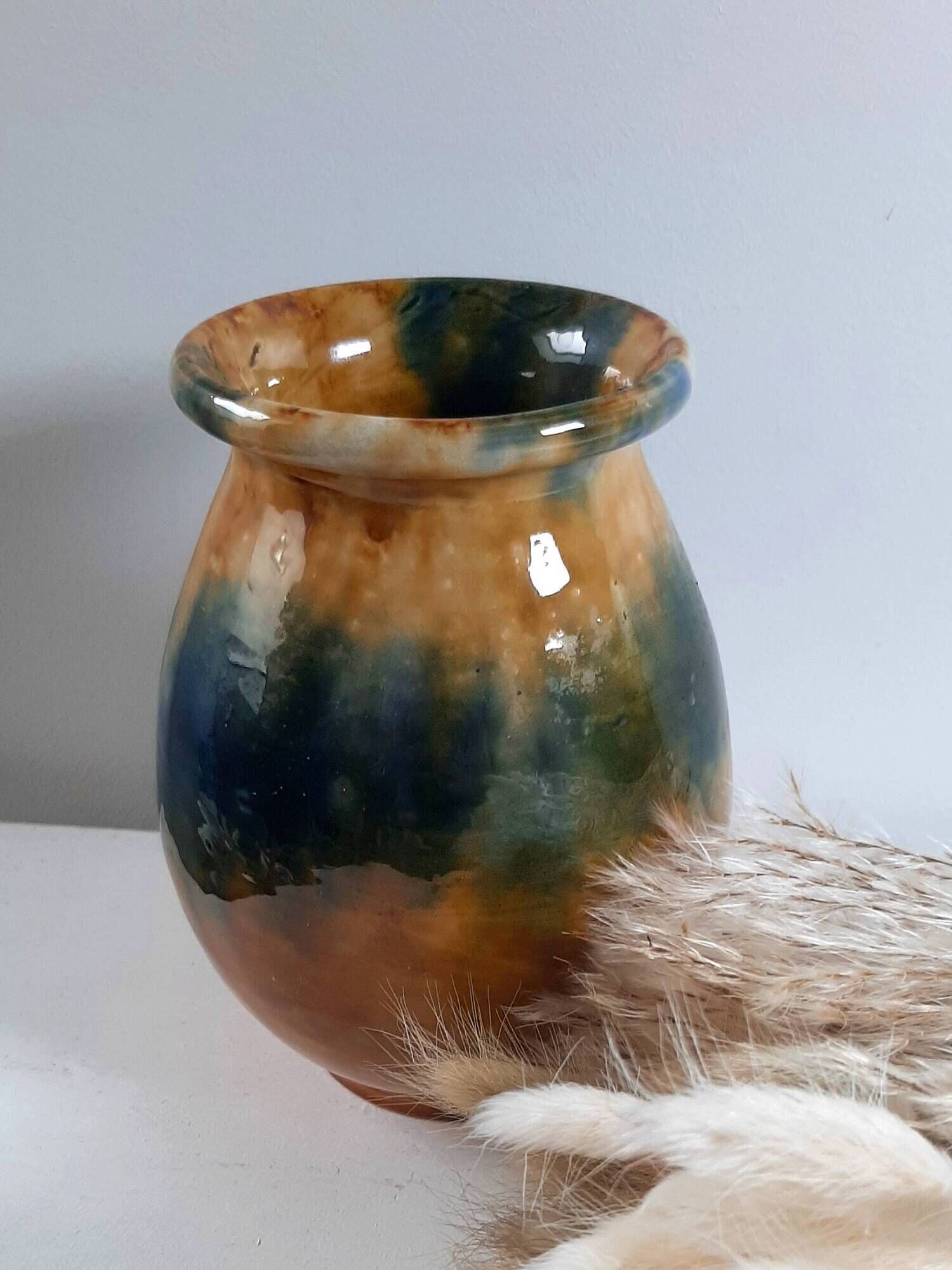 Aetgina vase Vallauris vintage in ochre and blue glazed ceramic.