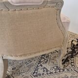 Louis XV style bench sofa in pink fabric and burlap