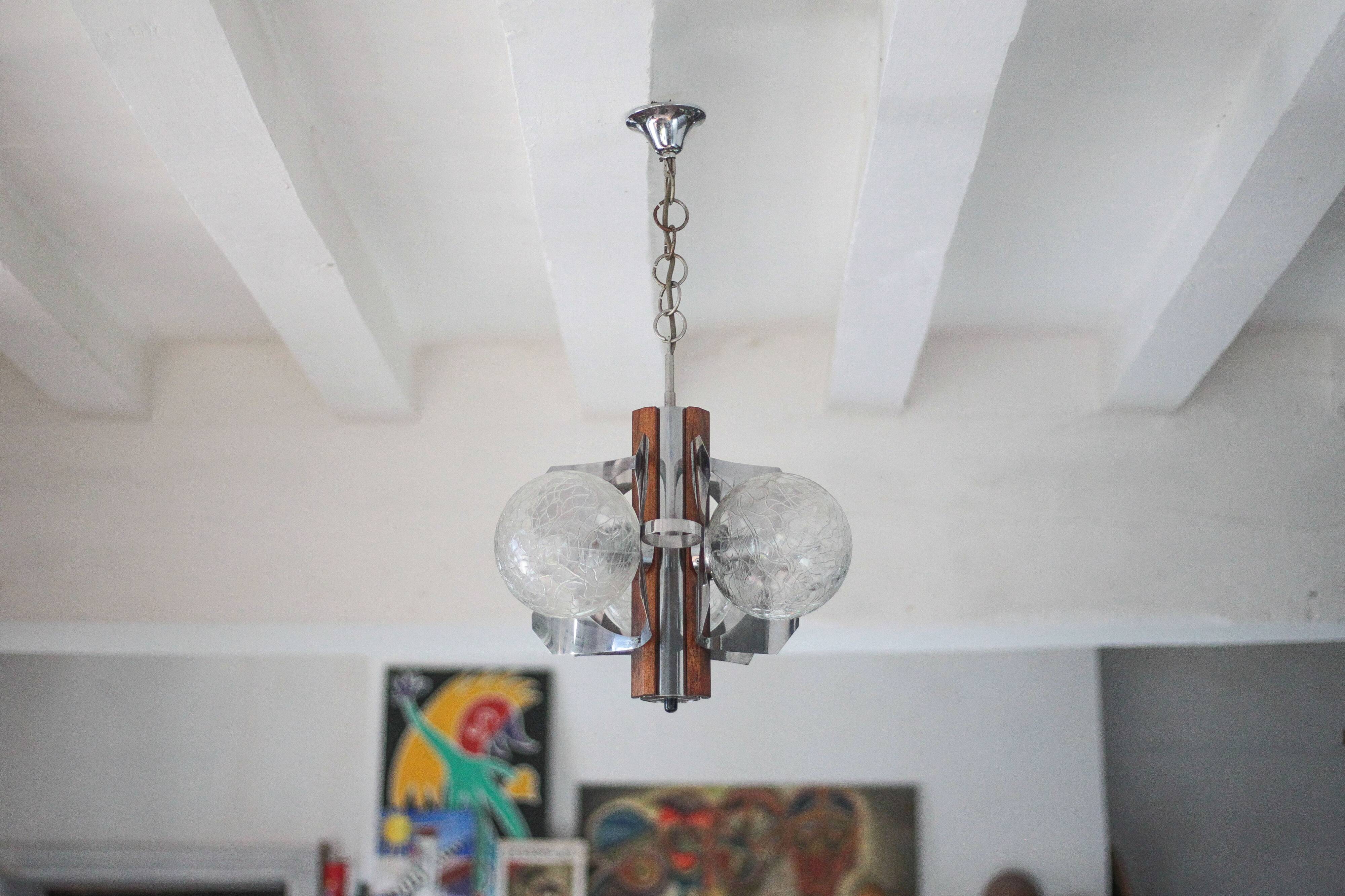 Space Age metal and wood pendant light, 3-globe chandelier, Sputnik chandelier, lamp