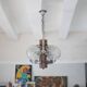 Suspension space age métal et bois, lustre 3 globes, lustre sputnik, lampe