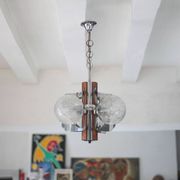 Space Age metal and wood pendant light, 3-globe chandelier, Sputnik chandelier, lamp