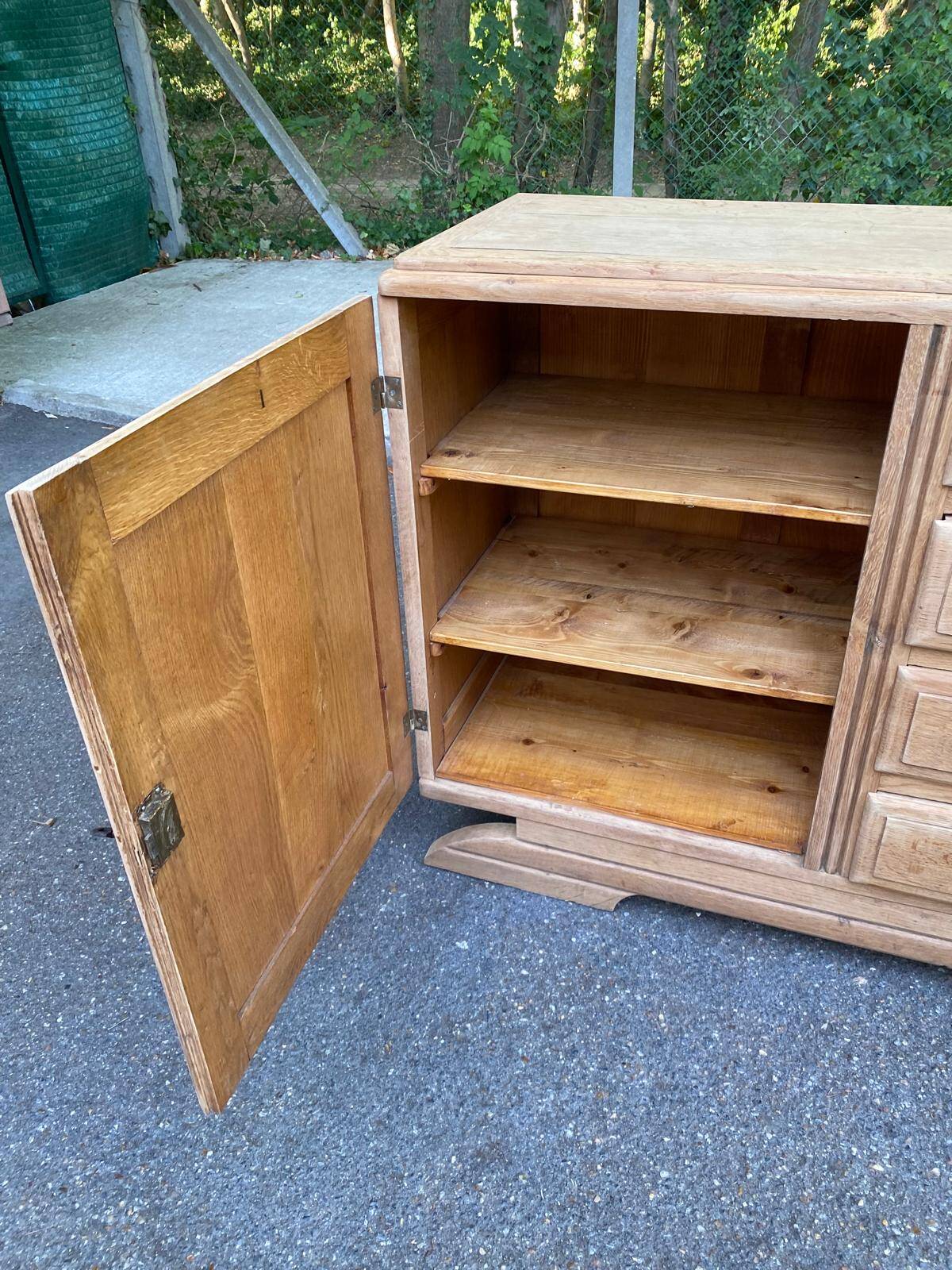Enfilade Art Deco buffet by Charles Dudouyt, stripped in solid oak, 1930.