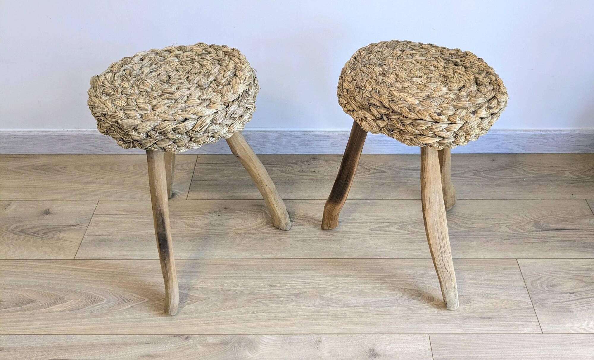 Pair of brutalist tripod stools attributed to Audoux & Minet.