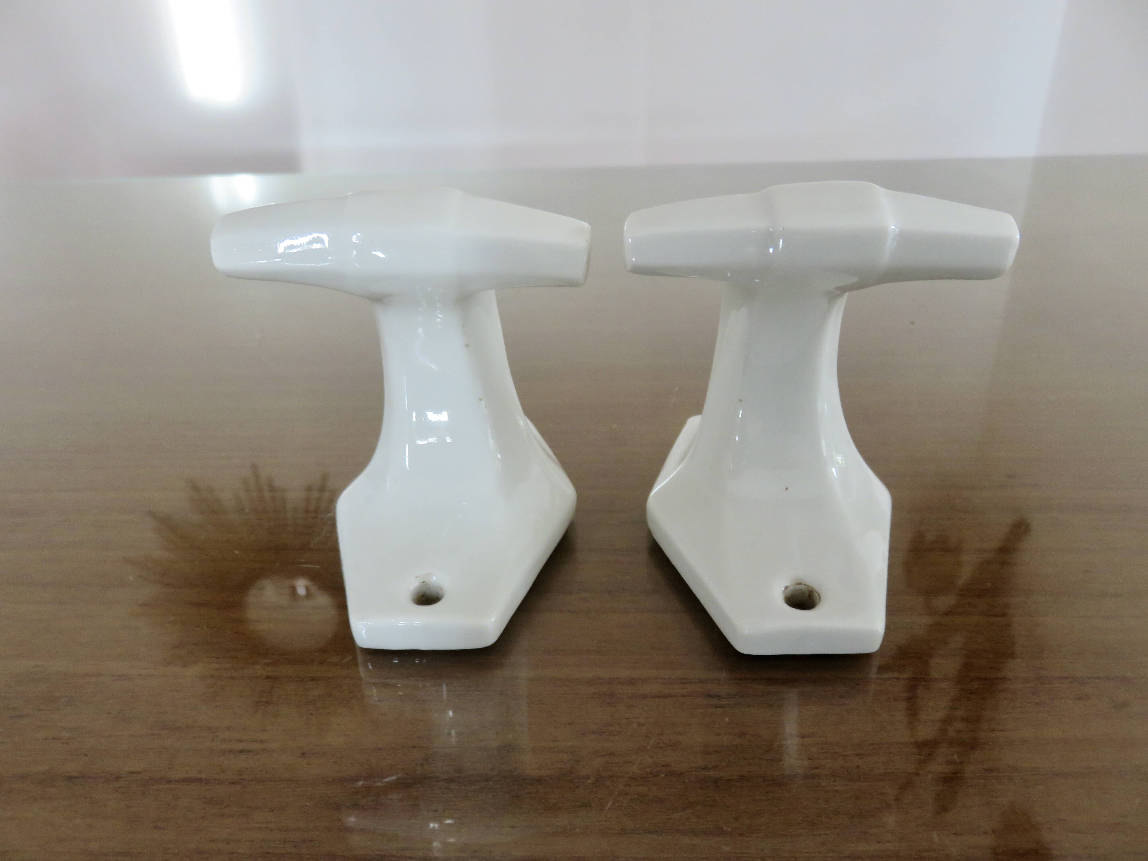 Pair of coat hooks, coat rack, in white porcelain, art deco 30s 40s