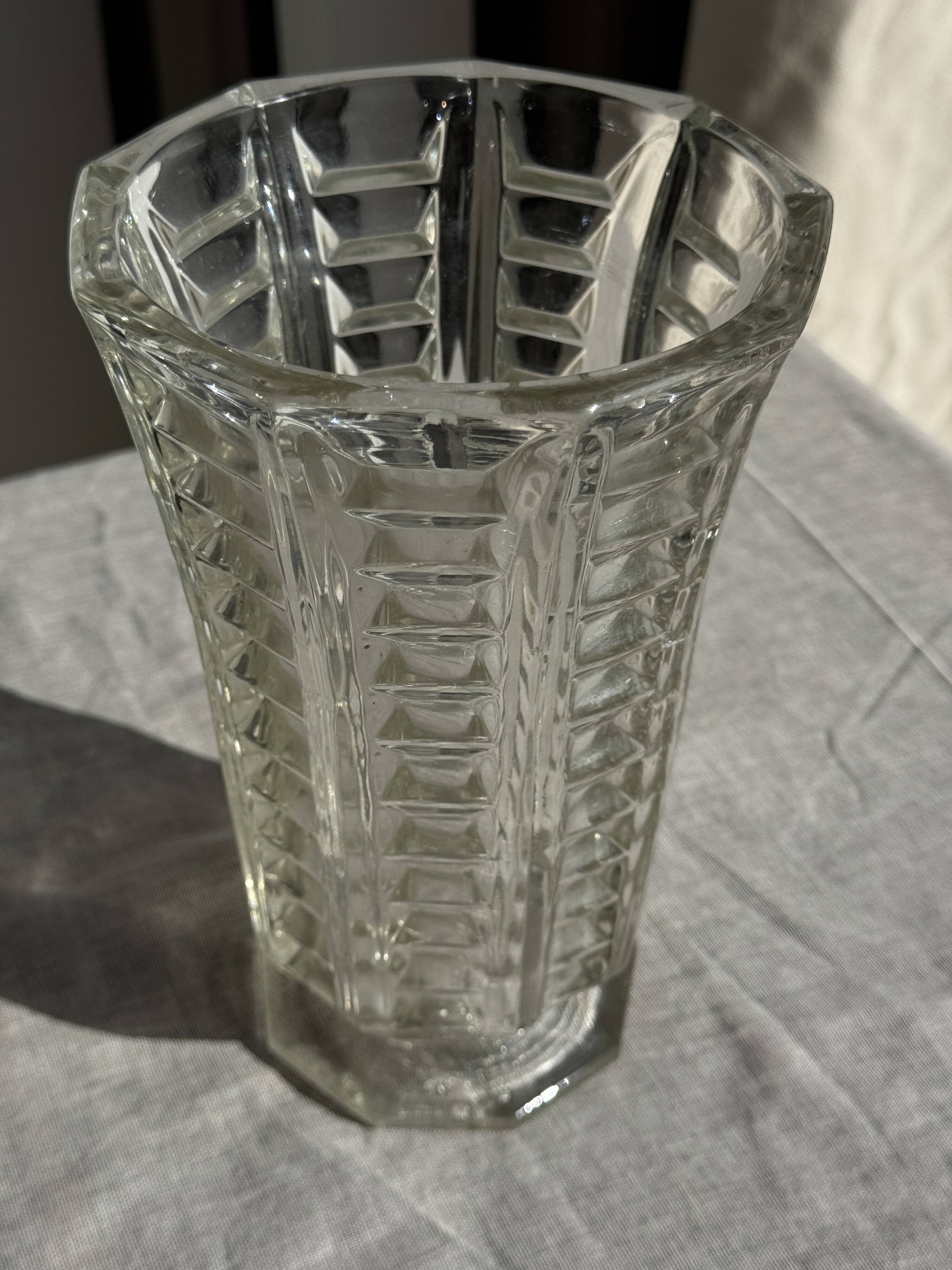 Vintage geometric moulded glass flared vase H21