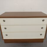 3-drawer chest of drawers in mahogany veneer and satin white, 70s-80s