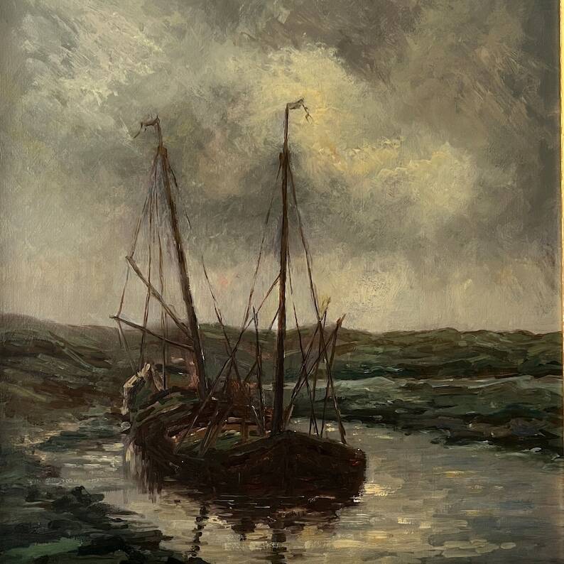 Peinture à l'huile de voilier vintage signée