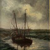 Peinture à l'huile de voilier vintage signée
