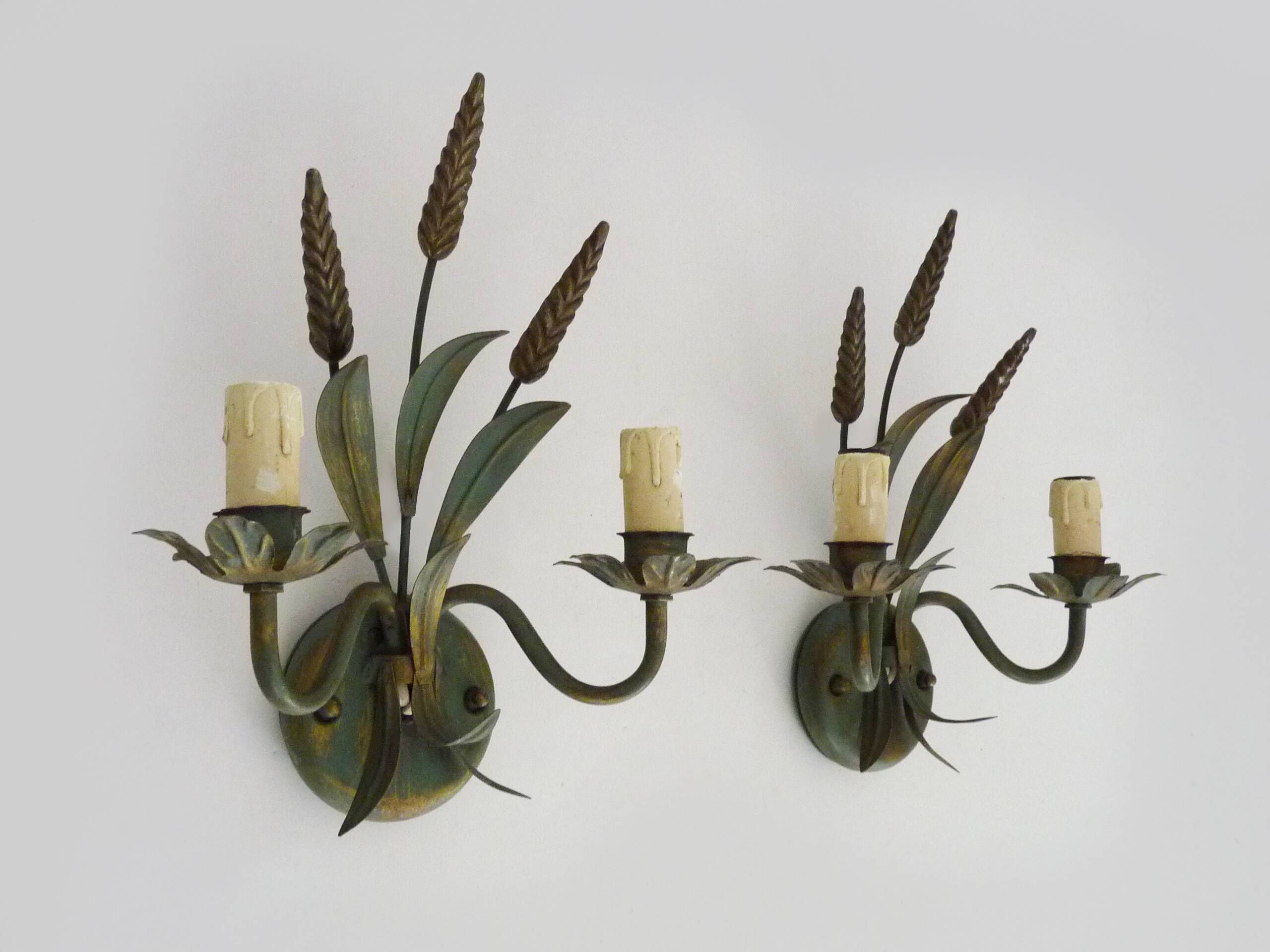 Pair of vintage metal wall sconces in the shape of wheat ears.