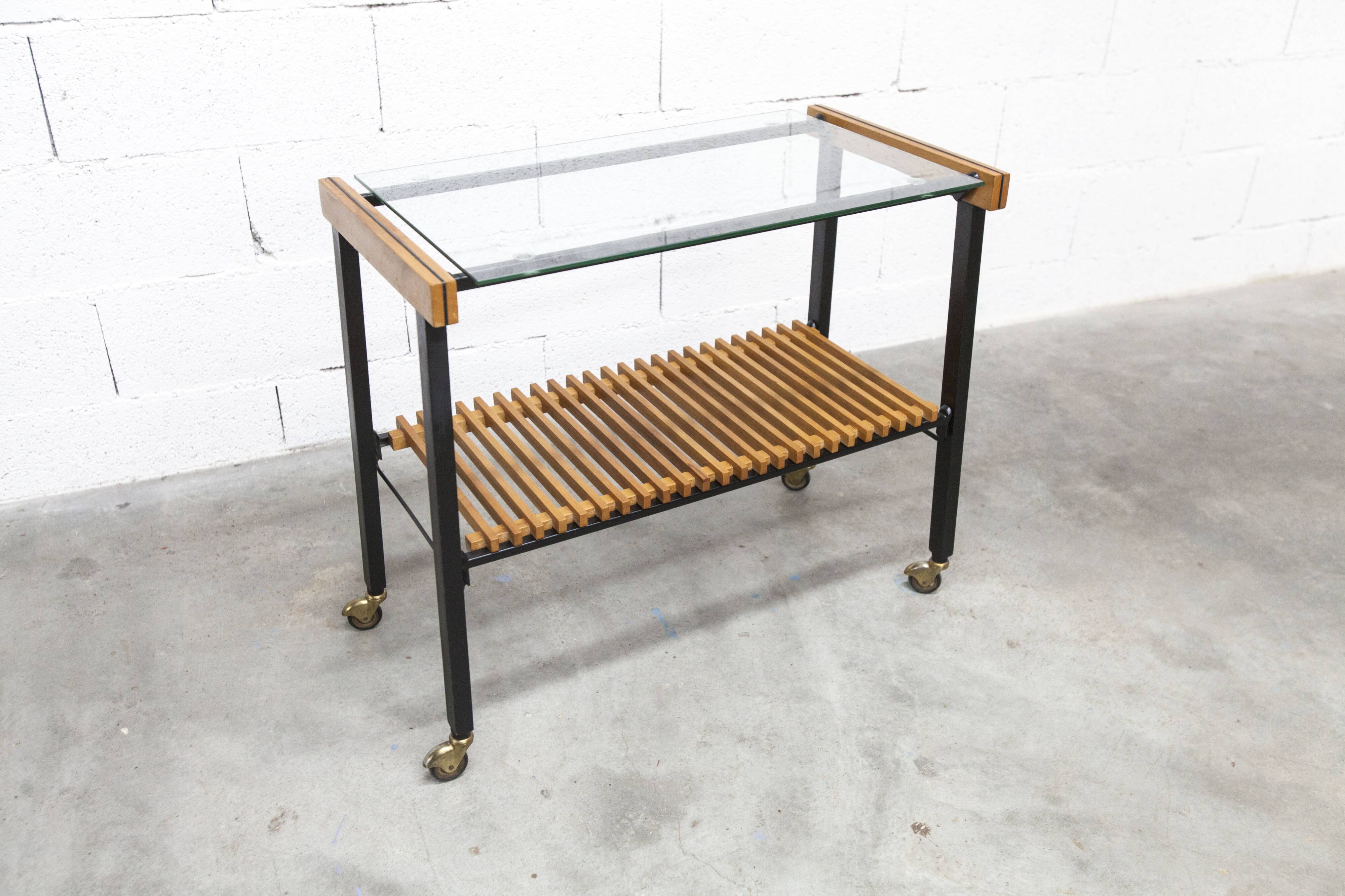 1960s serving cart, hi-fi cabinet on casters, teak, black metal, glass
