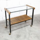 1960s serving cart, hi-fi cabinet on casters, teak, black metal, glass