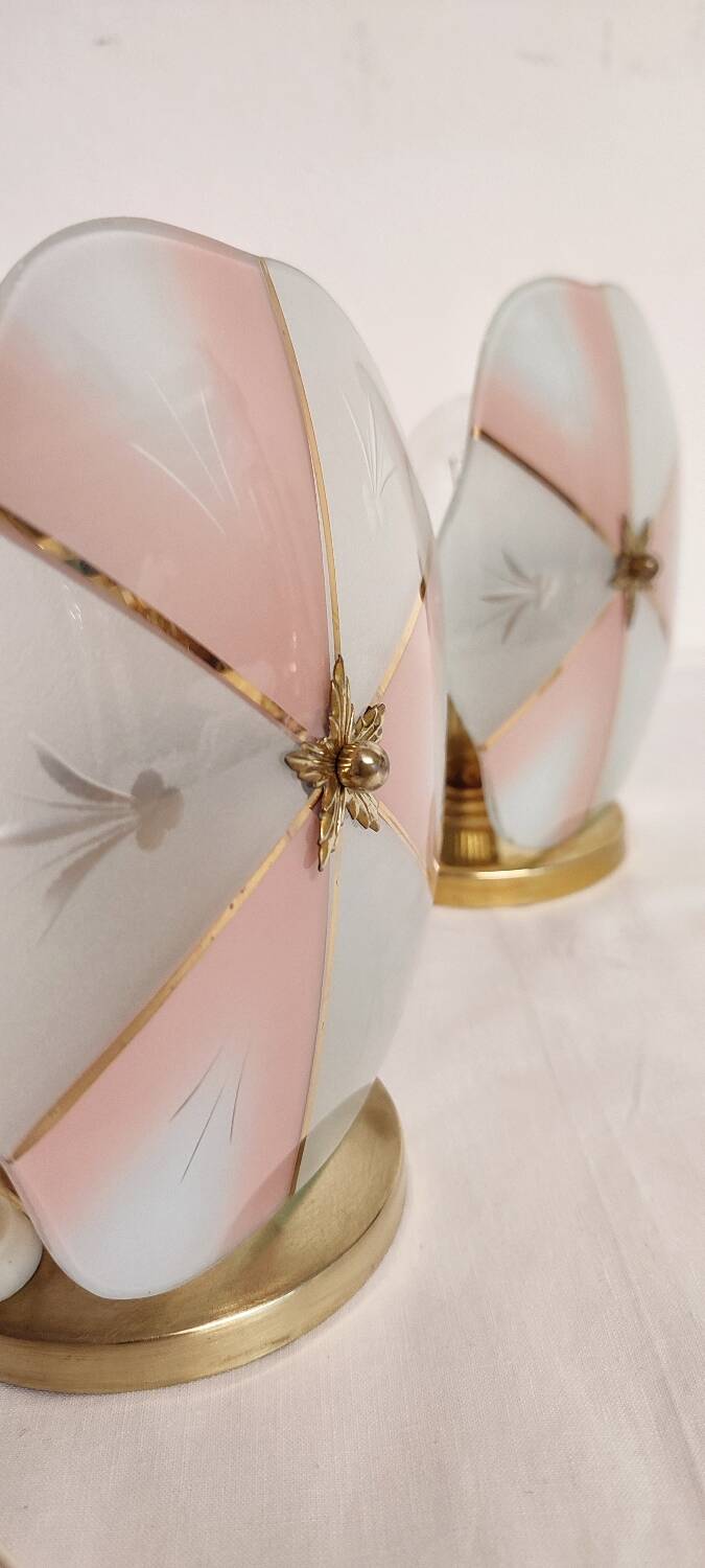 Par de lámparas de mesa de cristal. Spain, 1970s.