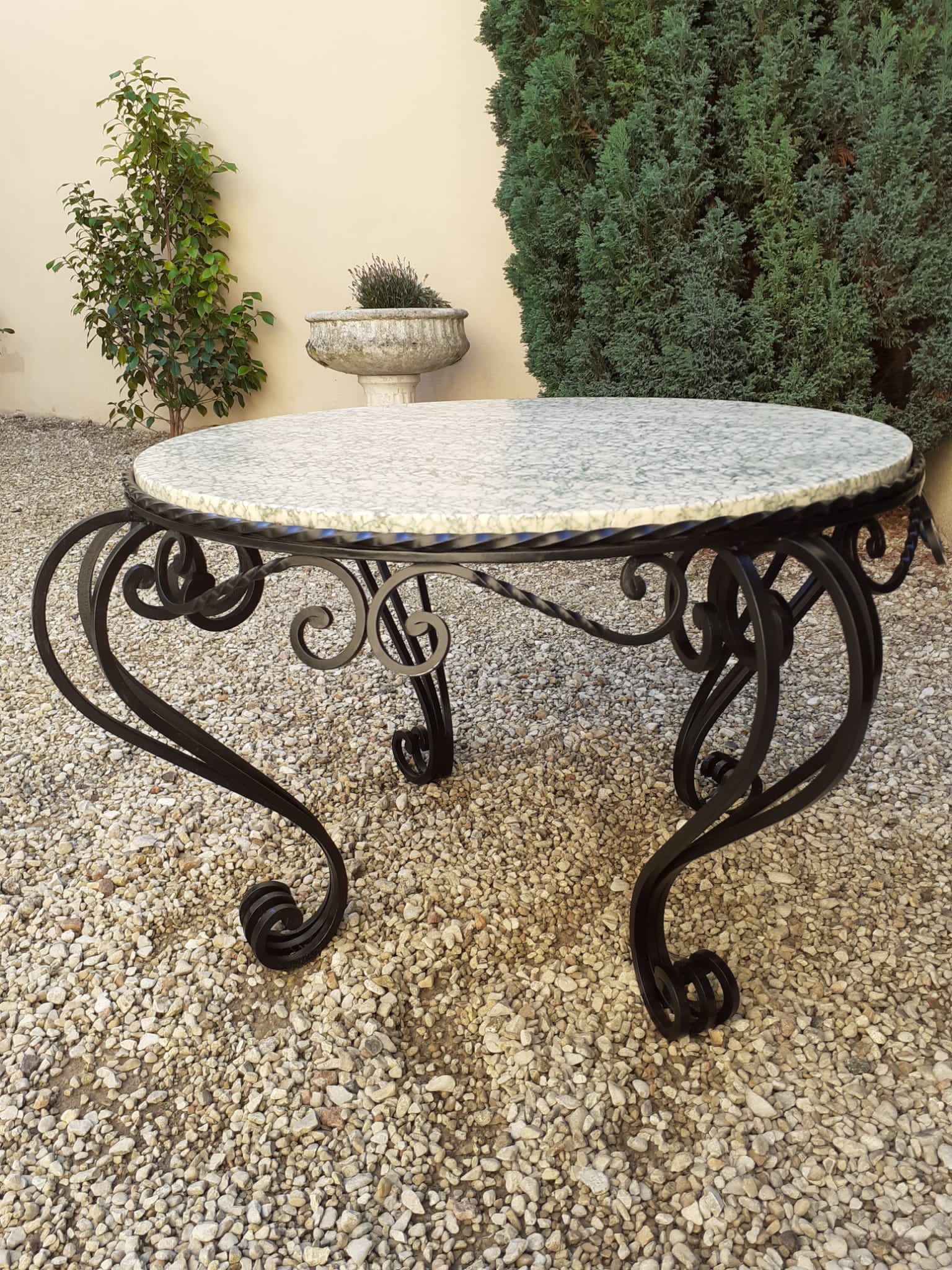 Marble and wrought iron coffee table