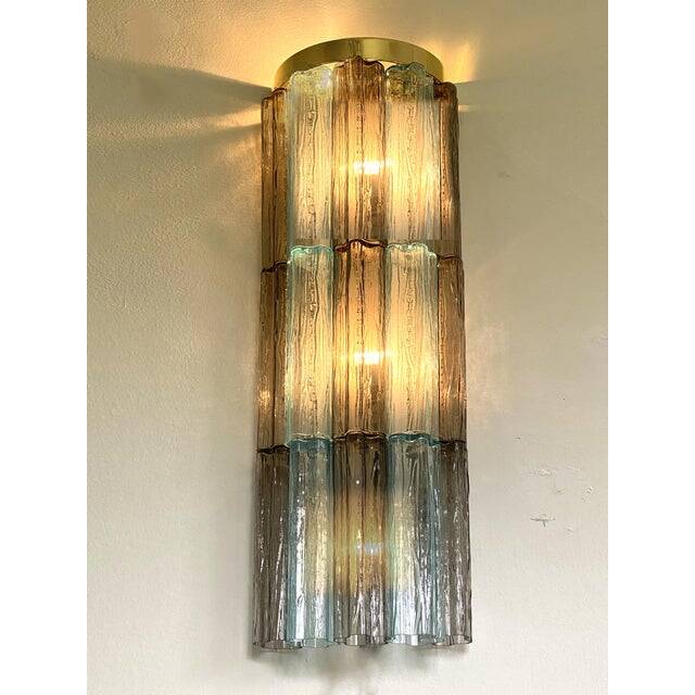 Set of 2 contemporary grey and light-blue "tronchi" murano glass wall sconce