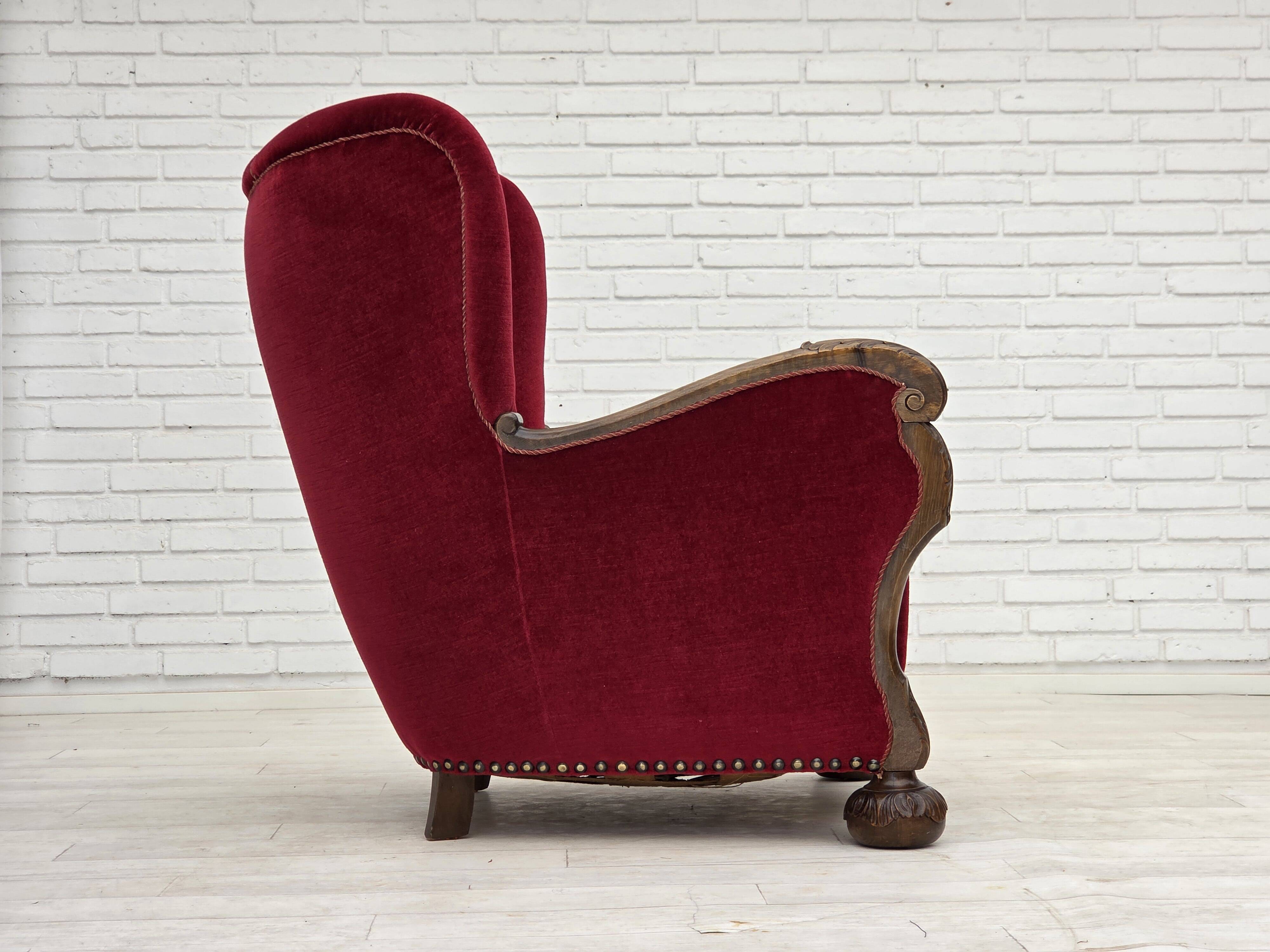 1960s, Danish relax chair, cherry-red furniture velour, oak wood.